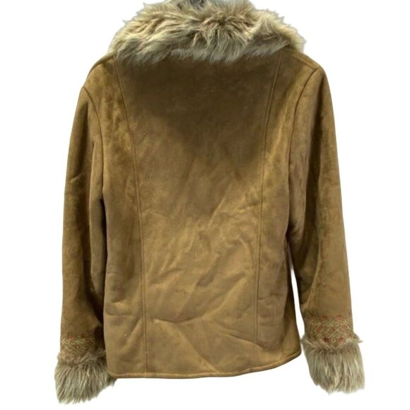 Aziza Women’s Brown Faux Suede & Fur Trim Embroider Jacket, Size L, Y2K Retro - Picture 2 of 3